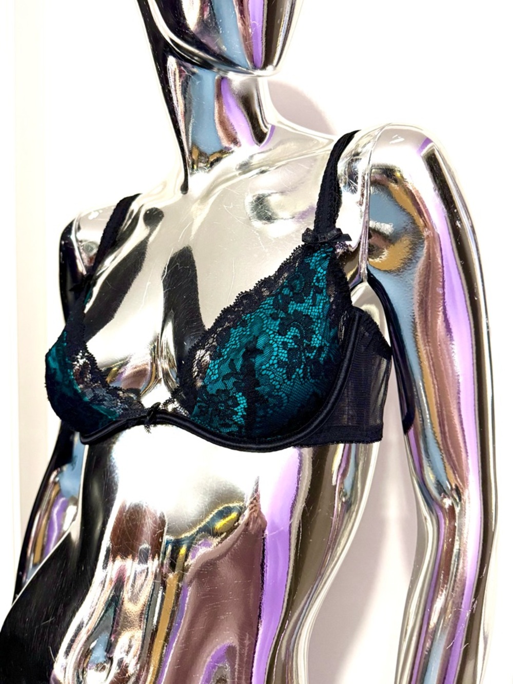 Agent Provocateur Teal Silk + Black Lace Underwire Bra - EU 36C